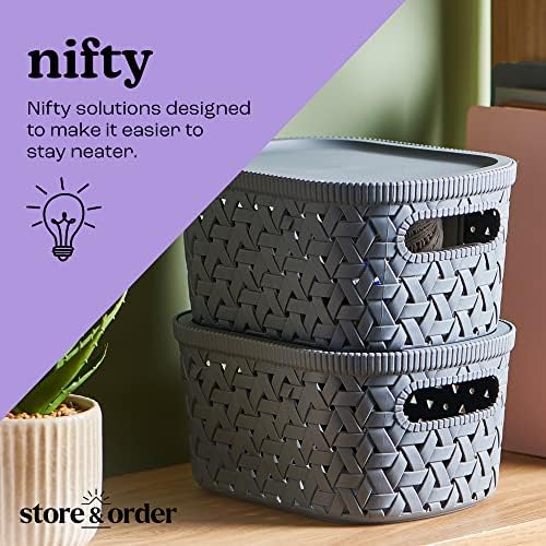 Store & Order Storage Box with Lid - Extra Small Stackable Decorative Plastic Box, Multi-Functional Boxes for the Home, Organiser Baskets for Toy Storage, Bedroom or Living Room - Grey Rattan 2.3L