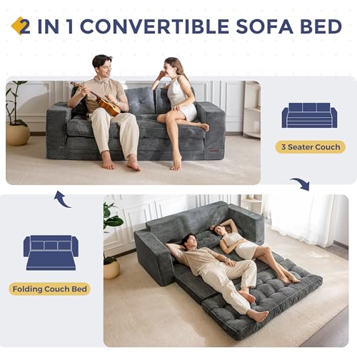 Image of MAXYOYO Convertible Sofa Bed, Pull Out Oversized Loveseat Sofa Couch, 2 in 1 Folding Couch Bed, Fold Out Floor Couch with Pillows for Living Room Lounge, Dark Grey