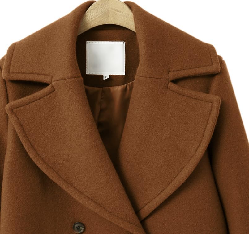 utcoco Women's Wool Blend Double Breasted Pea Coat Notched Lapel Mid Long Trench Overcoat with Pockets - Image 4