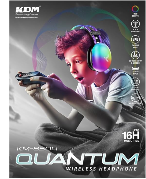 Image of KM-850H Quantum Wireless Headphones, V5.4, 300mAh Battery, 16 Hours Music Time, RGB Lights, Gaming Mode, Voice Assistant, Black