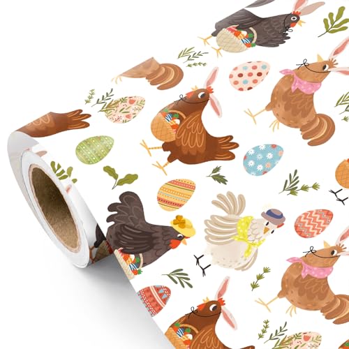 WRAPAHOLIC Easter Wrapping Paper Roll - 17 Inch x 16.5 Feet - Egg and Cute Hen Chicken Wrapping Paper Perfect for Easter Spring Country Present Birthday Baby Shower