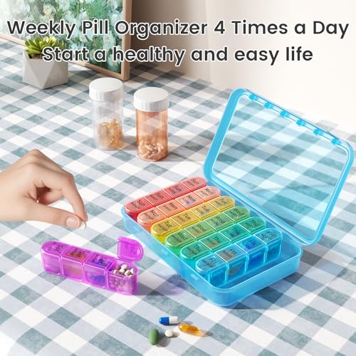 Image of Daviky Pill Organizer, Daily Pill Box 7 Day, Weekly Pill Organizer 4 Times a Day, Large Travel Pill Case with 28 Compartment to Hold Medicine, Vitamin and Supplement (Blue)