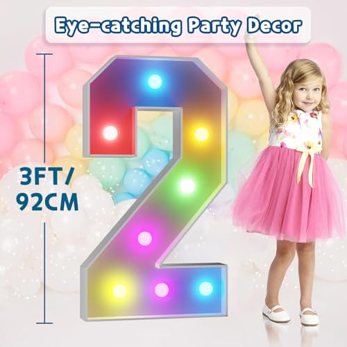 Image of Colorful 3FT Marquee Numbers 2, 18 Colors Large Light up Numbers | RGB with Remote, Birthday Party Decorations Anniversary Wedding Decorations Assembly Required 20 Pcs Accessory Set