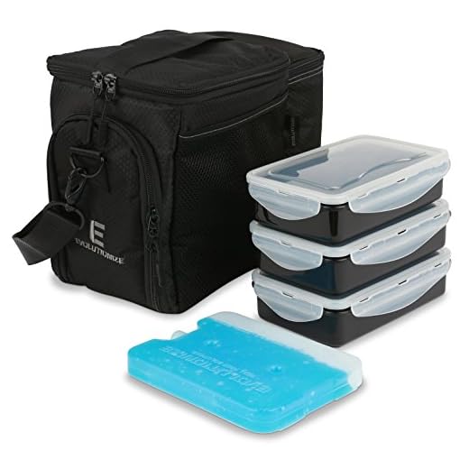 Evolutionize Meal Prep Insulated Lunch Bag Cooler Bag Patented Lunch Box includes Portion Control Meal Prep Containers and Ice Pack (3 Meal, Black)