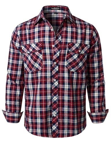 LucMatton Mens Flannel Shirt Casual Regular-Fit Long-Sleeve Button-Down Plaid Shirt Red Blue Large