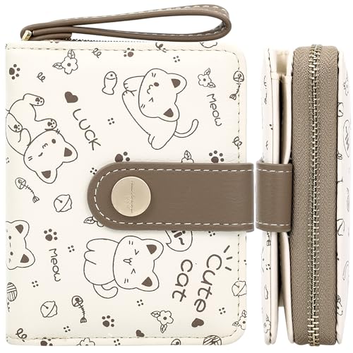 Image of Farcauo Cat Pattern Wallet for Women and Ladies Small Cute Kawaii Brown Coin Purse with ID Window and Credit Card Holder Compact Wallet for Women and Ladies
