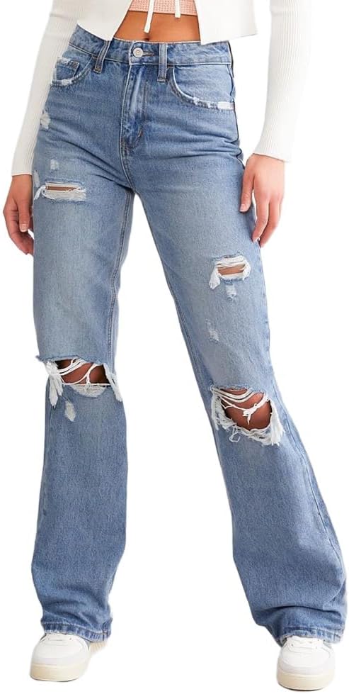 Loose Jeans for Women High Waist Wide Leg Ripped Destructed Jeans Boyfriend Baggy Bootcut Denim Pants Y2k