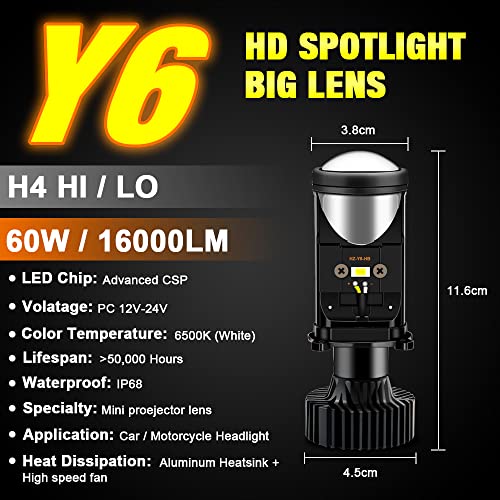 YSY 2Pcs H4/9003/HB2 LED Headlight Bulbs with Mini Projector Lens Canbus Hi/Lo Beam Solve Astigmatism Problem 16000lumens LED Headlight Kit for Headlight Retrofits or Fog Lamp Upgrade (Y6,H4)