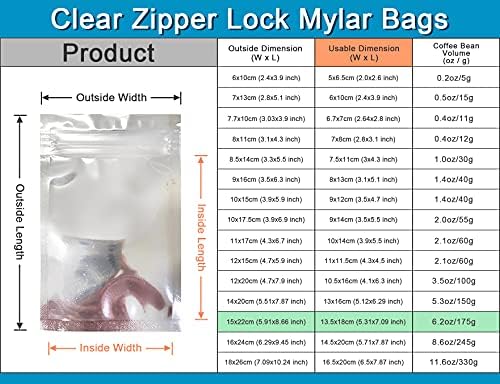 50pcs 15x22 cm (5.91x8.66 inch) Clear Front Mylar Foil Zipper Lock Bags Resealable Mylar Food Storage Packaging for Zip Bag Reusable Lock Seal Reuse Aluminum Foil Pouches for Candy Snack Heat Seal