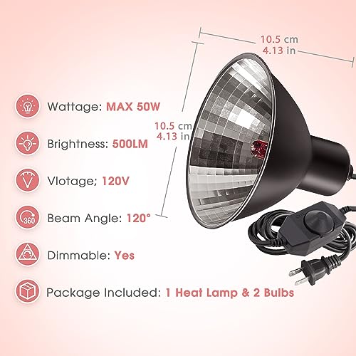 Image of Briignite Reptile Heat Lamp Red, 50W G9 Heat Bulb & Dome Reptile Light Fixture, Aluminum Reflector, Dimmable Heat Lamp for Chicken, Turtle, Snake, Gecko, Lizard, 2 Pack