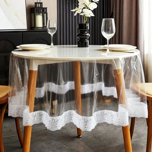 Image of Pioggia Clear Vinyl Tablecloth Protector Transparent Lace Trim Table Cloth - Waterproof, Stain-Resistant,Plastic Cover Decorative - Perfect for Weddings, Parties, and Home Decor (70 Inch Round)