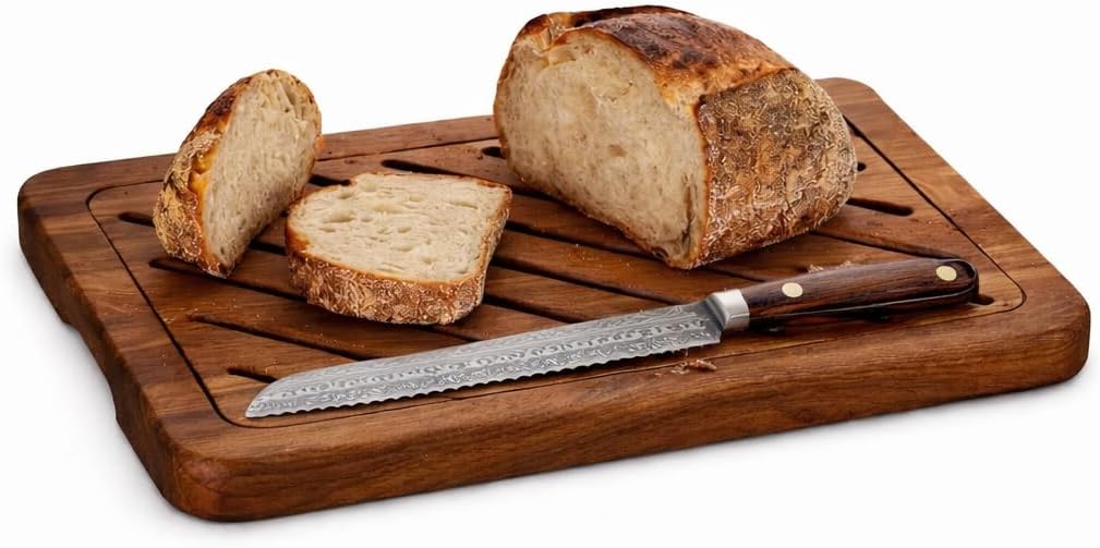 HOMORA Bread Cutting Board with Crumb Catcher Tray, Slotted Wooden Surface for Crumb Collection, Large Rustic Board for Slicing Homemade Bread, Bagels, and Loaves