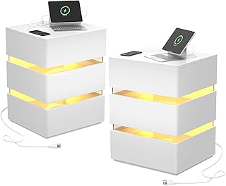 VINGLI White Nightstand Set of 2 with Charging Station, LED Nightstand with 3 Drawers, Acrylic Smart Nightstand, Wood Nightstands Bedroom, Modern Night Stands, Bedside Table, End Table