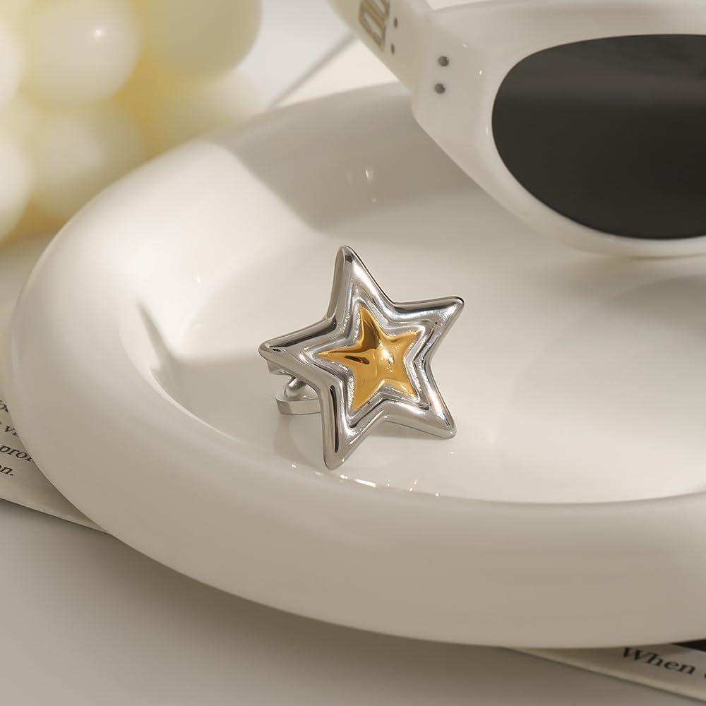 NewZenro Chunky Star Open Rings for Women Dainty Stainless Steel 14k Gold Plated Statement Stackable Finger Knuckle Rings Vintage Minimalist Comfort Fit Chic Wedding Holiday Jewelry - Image 3