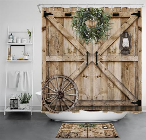 LB Rustic Wood Barn Door Shower Curtain Sets with Rugs
