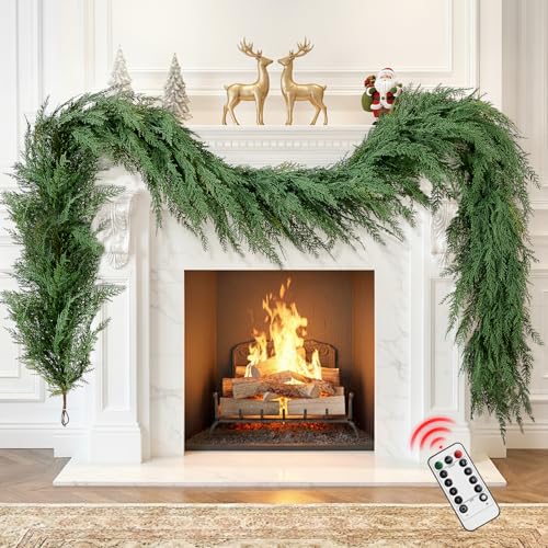 Christmas Cedar Garland Realistic with Lights - Cypress Decorations 9ft for Mantle Lighted Faux Pine Garlands for Xmas Prelit 9ft Door Decor Outdoor Indoor Home Decoration Stairs Railing Fireplace