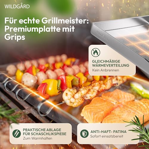 WILDGÅRD® Grillplatte - Plancha Grill Platte aus dickem & rostfreiem Edelstahl – 30 x 20 cm – für BBQ Gasgrill & Kohlegrill geeignet +PLUS: 2x Grillspachtel & 5x Spieße