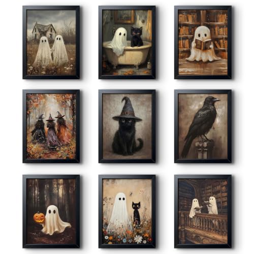 Halloween Wall Art Set of 9, Ghost Cat Halloween Posters, Dark Academia Gothic Wall Decor, Spooky Aesthetic Prints for Bedroom Living Room Dorm Room, Halloween Gallery Wall Decor Unframed 8x10 Inch