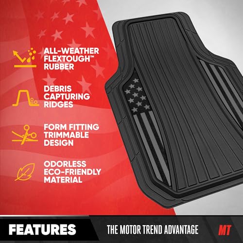 Image of MotorTrend Black Flag Rubber Floor Mats - All Weather Car Mats with American Flag Stars & Stripes Design, Heavy-Duty Automotive Floor Mats for Cars, SUVs & Trucks Black /Grey