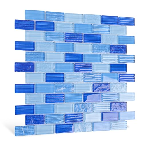 Adedeo Glass Tile Mosaic Backsplash Mixed Blue 12 x 12 Inch Glossy Pool Glass Tile Square Mosaic Tiles for Swimming Kitchen Bathroom Shower Waterline Fountain Spa Wall (5-Pack 5 sq.ft.)