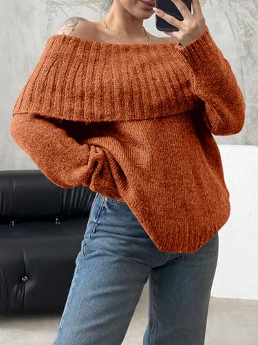 Image of Saodimallsu Womens Off The Shoulder Sweaters Oversized Long Sleeve Loose Ribbed Knit Fall Trendy Pullover Tops