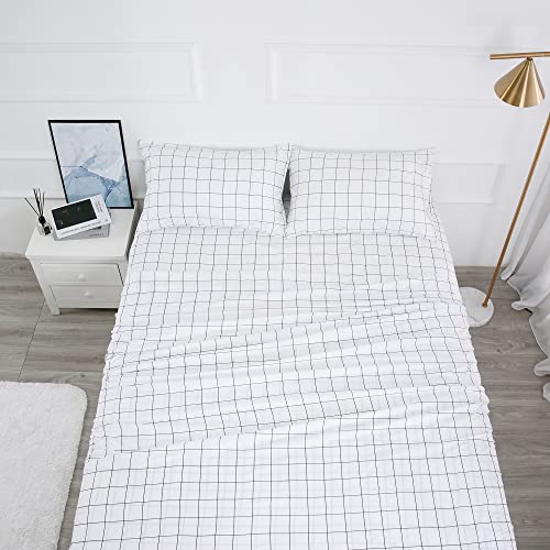 Image of Best Season Printed Plaid Bed Sheet Set 4 Piece- Full Size- Breathable- Super Soft, Deep Pocket,Stain,Fade & Wrinkle Resistant Breathable Bedding Sheets Black Grid
