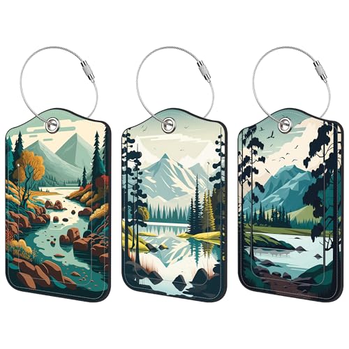 3 Pack Luggage Tag for Suitcase Mountain Lake Scenery Leather Travel Cruise Luggage Tag with Stainless Steel Loop Name ID Label Privacy Cover for Adults Teens Travel Bag Labels Set