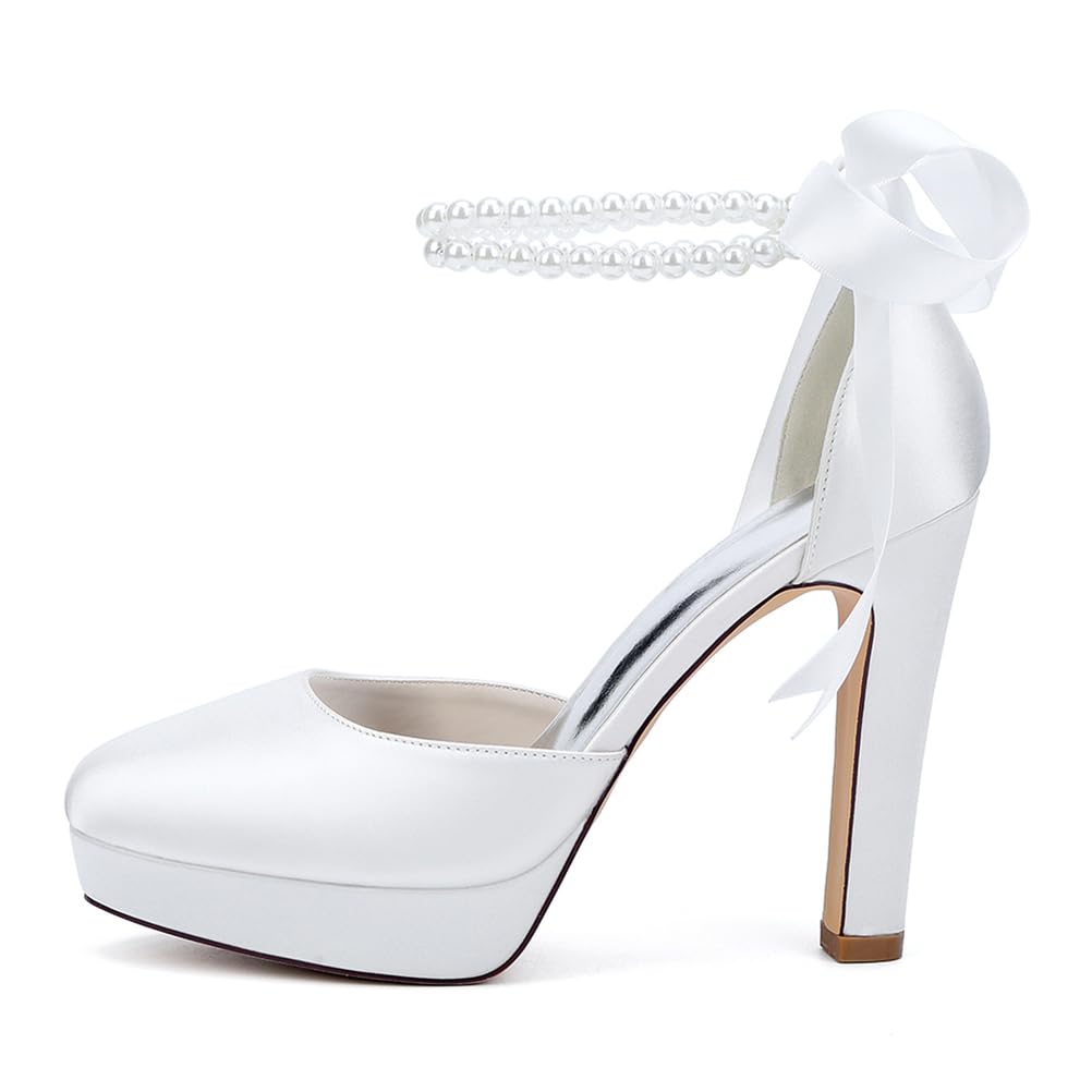 Mujer Zapatos De Plataforma De Boda para Novia Punta Cerrada Perlas Y Correa En El Tobillo Zapatos De Salón para Vestido De Fiesta