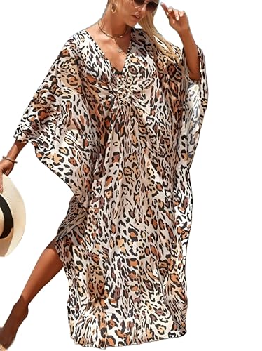 Image of IMAGEKOPE Women's Plus Size Animal Print V-Neck Batwing Kaftan Beach Dress Bathing Suit Cover-Up Loungewear