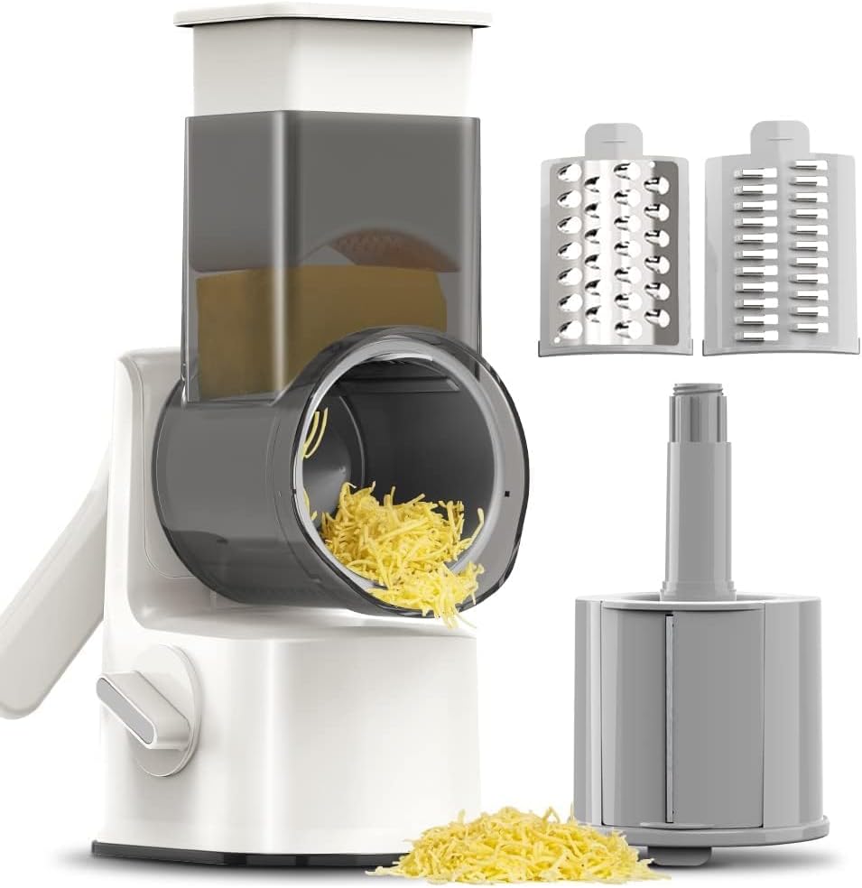 KEOUKE Rotary Cheese Grater Vegetable Shredder with Enlarge Veggie Entrance Easy Clean Round Kitchen Mandoline Slicer Grater for Nuts, Vegetable, Chocolate, Cheese, 3 Blades