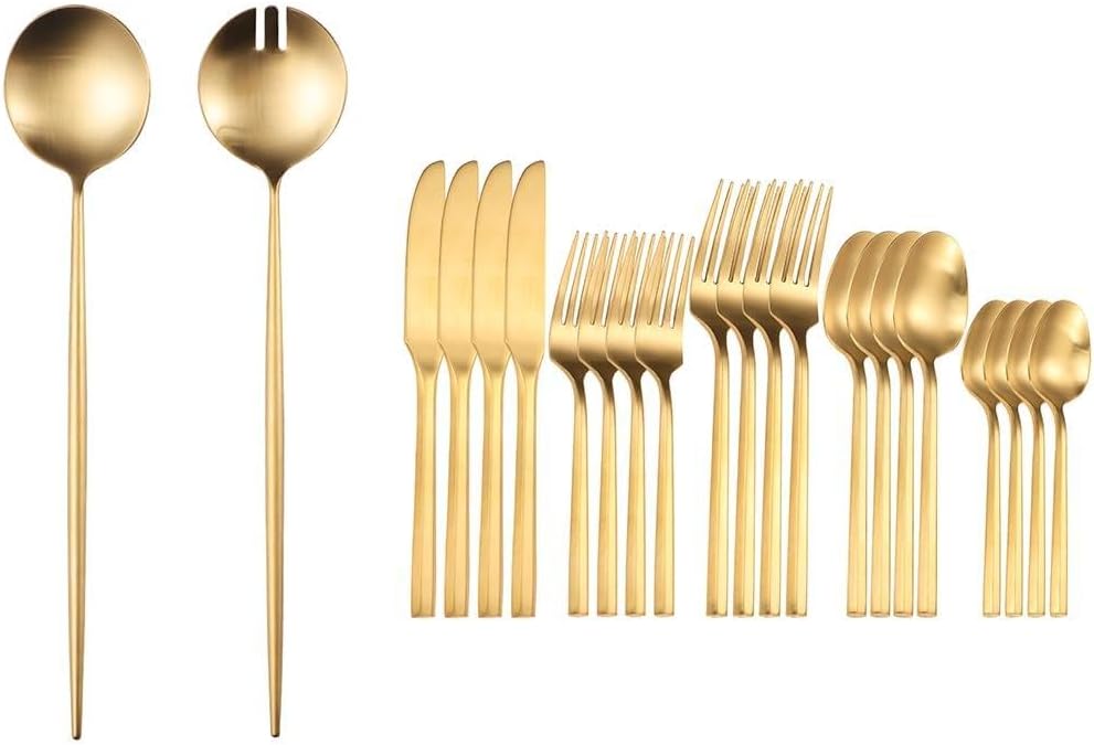 Salad Servers,Spoon and Fork Set+Matte Silverware Set Gold Flatware Set with Hexagon Handle 20 Pieces