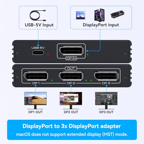 XPTSFDU DisplayPort Splitter 3 Monitors 4K60Hz DP Splitter Extended Display 1 in 3 Out DisplayPort to Triple DP for PC Monitor (Mac OS Does Not Support MST Display Port Cable Not Included) by XPTSFDU - Image 3