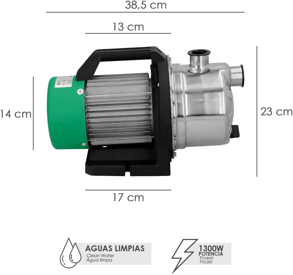 Clean Water Pump Stainless Steel Surface 1,300 W. 5,000 LTS/Hour, Depth 8 MTS Elevation 50 MTS. Max Pressure: 5 Bar
