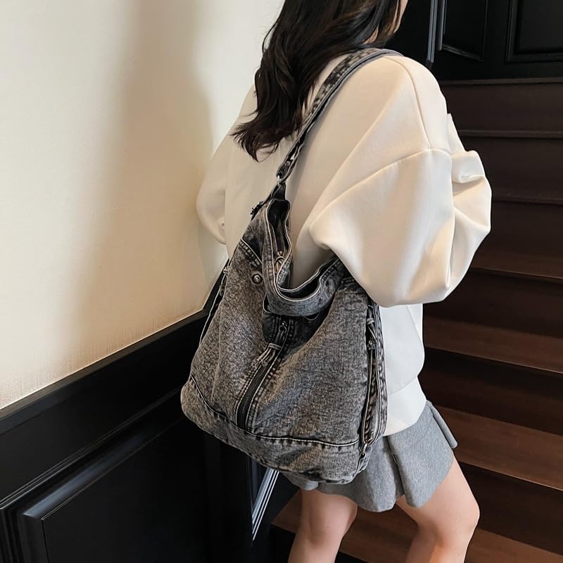 Women’s Denim Tote Bag, Large Capacity Vintage Colorblock Shoulder Crossbody Bag for Casual and Everyday Use4