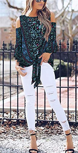 Chuanqi Womens Cold Shoulder Blouse Bell Sleeve Tie Knot Casual Summer Shirt Tops (Medium, 3-Blackish Green) #TOP2