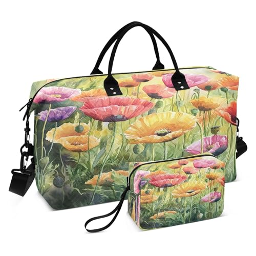 Colorful Meadow Flower Travel Duffel Bags Carry on Weekender Overnight Bag Large for Airplane with Toiletry Bag for Men Women