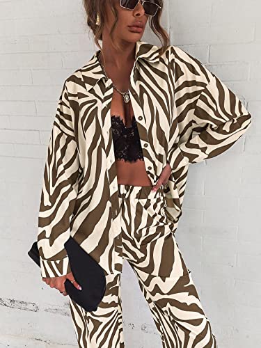 Wdirara Women's Zebra Print Button Drop Shoulder Long Sleeve Blouse And Pants 2 Piece Outfit Set Brown And White M #TOP4