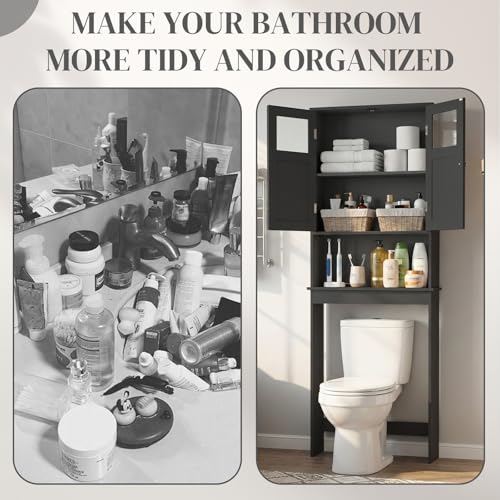 Black Over The Toilet Storage Cabinet – Freestanding Organizer for Towels, Toiletries, Small Spaces Bathroom Cupboard, MDF Iron Frame Unit, Narrow Storage Tower 23.23 x 8.66 x 66.93in - Image 5