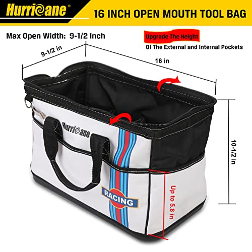 Hurricane 16 Inch Wide Mouth Tool Bag With Water Proof Molded Base With Extra Shoulder Strap, Upgrade Version, Racing Theme-White, Multi Pockets, Large Inner Space #TOP1