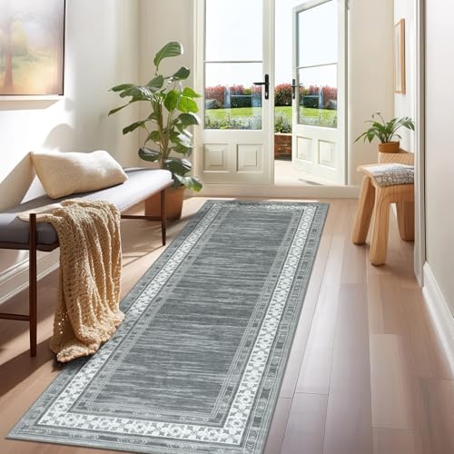 IMIYOKU Modern Grau Läufer Teppich für Flur Waschbarer Läufer Teppich Flur 65x180cm Bettvorleger Küchen Wohnzimmer Schlafzimmer Teppiche rutschfest Kurzflor Weich Flurläufer Teppichläufer