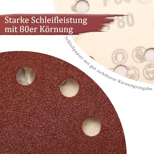 Sztaoip 80 Stück Schleifscheiben 125mm Klett, 80 Körnung 125 Schleifpapier 8 Loch Schleifblätter Runde Exzenterschleifpapier