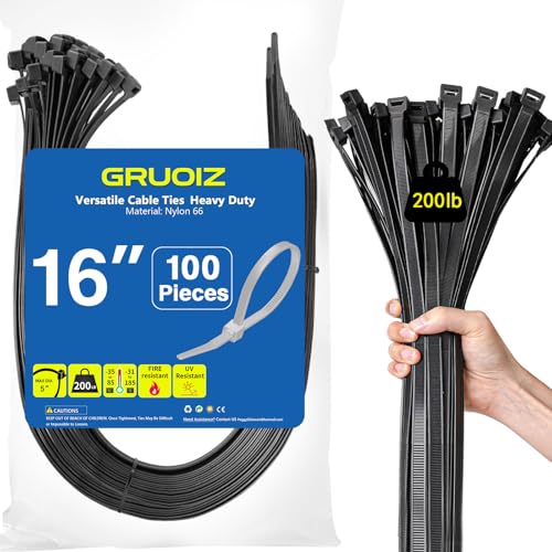 16 Inch Heavy Duty Black Zip Ties (100 Pieces) with 200lbs Tensile Strength, Long Durable Nylon Zip Cable Ties UV Resistant Plastic Wire Ties Self-Locking Tie Wraps Perfect for Home Garden Office