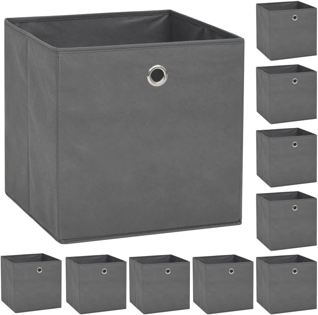 vidaXL 10 pcs Storage Boxes, Non-Woven Fabric, Convenient Metal Eyelet Pull-out, Foldable, Durable, Gray, 12.6"x12.6"x12.6" Storage Organizer