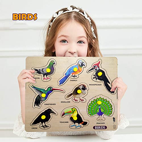 Image of Birds Wooden Puzzle for Kids Educational Interactive Montessori Learning Toy Colorful Wooden Bird Peg Puzzle for Toddlers & Preschoolers Early Cognitive Development Safe & Durable Playset