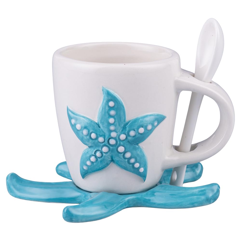 Set 6 Tazzina caffè 90 ml in ceramica con cucchiaino, decoro marino, Ocean
