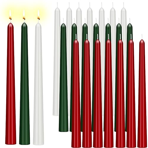 MTLEE 24 Pcs Christmas Candles 10 Inch Taper Candles Dripless Unscented Smokeless Green and White Red Candlesticks for Wedding Christmas Holiday Dinner Home Decor, 9 Hr Burn