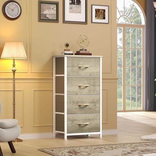 DWVO Dresser with 4 Drawers - Fabric Storage Tower, Organizer Unit for Bedroom, Hallway, Hallway, Closets - Sturdy Steel Frame, Wooden Top & Easy Pull Fabric Bins