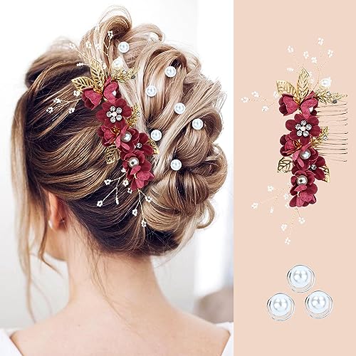 inSowni 20 Pack Decorative Flower Bridal Wedding Hair Side Combs+U-shaped Flower Hair Pins+Twist Spiral Pearl Hair Pins Headpieces Accessories for Brides Bridesmaids Women Girls (Wine Red) - Image 2
