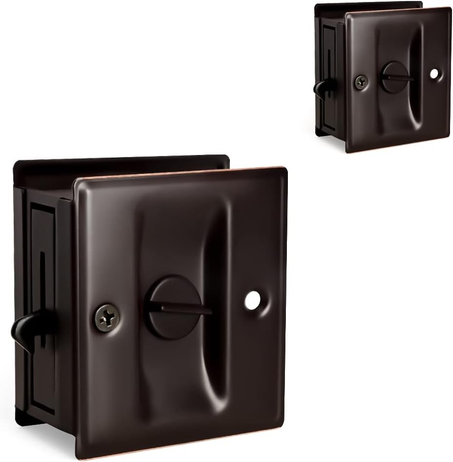 HOMOTEK 2 Pack Privacy Pocket Door Lock Hardware with Pull - Replace Old Or Damaged Sliding Door Locks Quickly and Easily, 2-3/4”x2-1/2”, for 1-3/8” Thickness Door, Oil Rubbed Bronze
