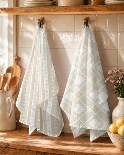 Image of Miss Adola 2 Pack Flour Sack Kitchen Towels - 16x26 Inch Cotton Dish Towels with Hanging Loop Reusable Geometric Boho Modern Tea Towel Absorbent Dishcloths Home Decor, Beige Bohemia